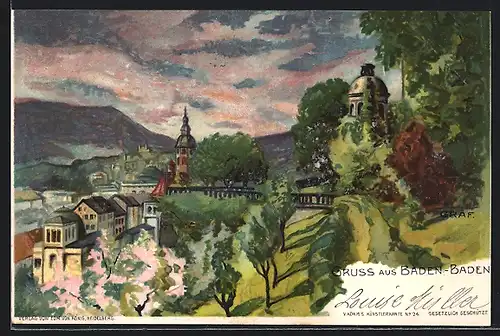 Künstler-AK Gottfried Graf: Baden-Baden, Ortspartie mit Brücke