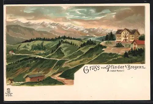 Lithographie Bregenz, Gruss vom Pfänder in der Dämmerung