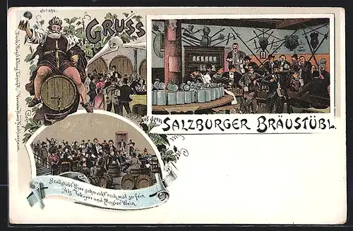 Lithographie Salzburg, Braustübl, Innenansichten, Mann auf dem Bierfass