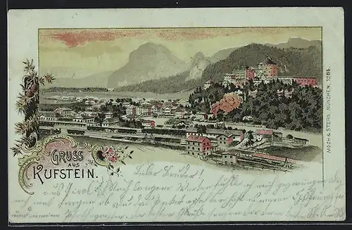 Lithographie Kufstein, Stadtansicht im Abendrot, Bahnhof