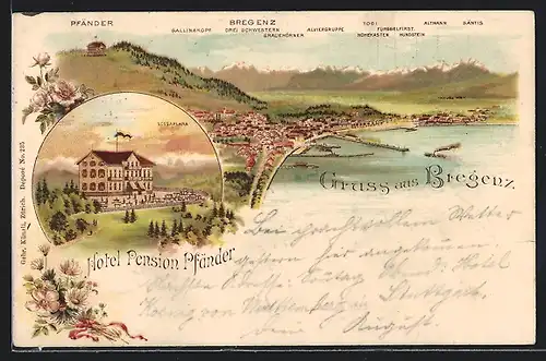 Lithographie Bregenz, Ortsansicht aus der Vogelschau und Hotel Pension Pfänder