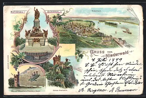 Lithographie Rüdesheim am Rhein, National-Denkmal, Blick auf Mäusethurm, Ehrenfels u. Rossel, Schloss-Rheinstein