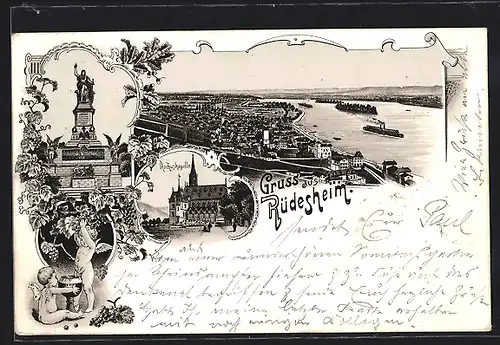 Lithographie Rüdesheim am Rhein, Totalansicht, Rochuskapelle