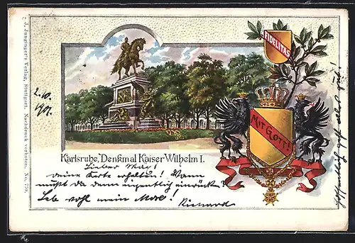 Passepartout-Lithographie Karlsruhe, Das Denkmal Kasier-Wilhelm I., Wappen