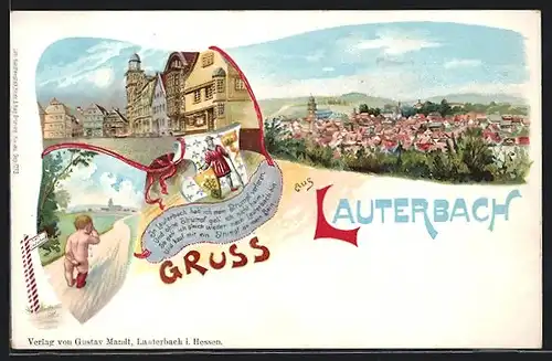 Lithographie Lauterbach / Hessen, weinendes Kind mit nur einem Strumpf bekleidet, Versreim