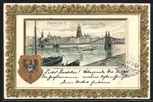 Passepartout-Lithographie Alt-Frankfurt, Der eiserne Steg mit Kirche, Wappen