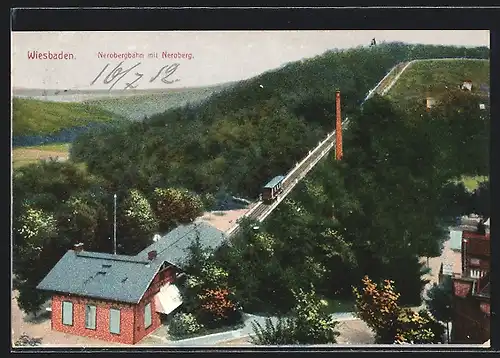 AK Wiesbaden, Nerobergbahn mit Neroberg aus der Vogelschau