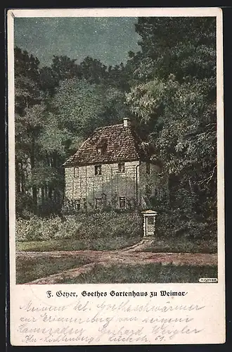 Künstler-AK Weimar / Thüringen, Goethes Gartenhaus im Wald