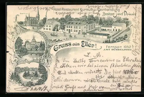 Lithographie Eller / Düsseldorf, Hotel-Restaurant Kurmuth u. Weinhandlung, Bes. Josef Drösser, Schloss, Neue Kirche