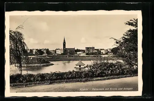 AK Küstrin, Kaiserkolk mit Kirche und Anlagen