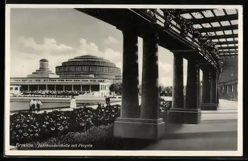 AK Breslau, Jahrhunderthalle mit Pergola, Flughafenpartie mit Stempel