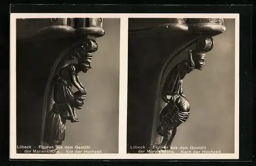 AK Lübeck, Zwei Ansichten von Figuren aus dem Gestühl der Marienkirche-Vor- und nach der Hochzeit