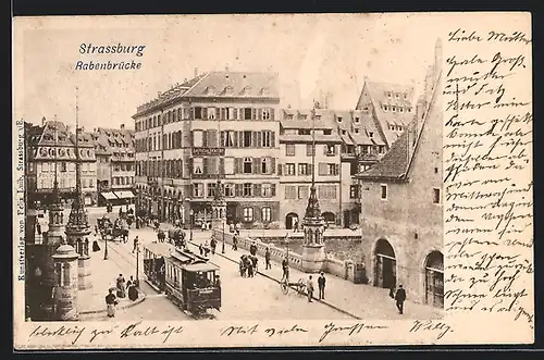 AK Strassburg, Rabenbrücke mit Strassenbahn