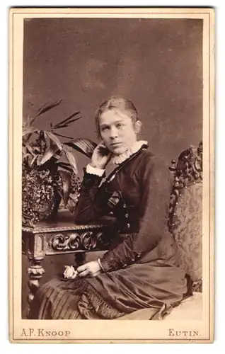 Fotografie A. F. Knoop, Eutin, Junge Dame im schwarzen Kleid mit weissen Rüschen und Rose nebst Tisch