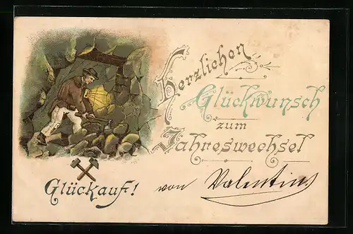 Lithographie Bergarbeiter in einer Mine zum Jahreswechsel