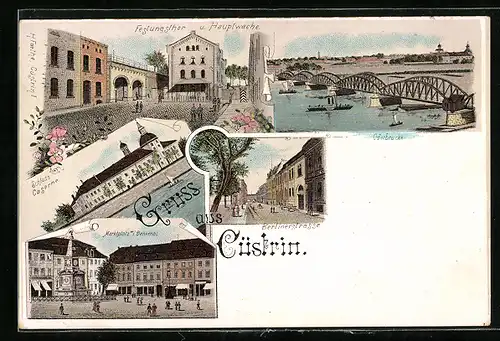 Lithographie Cüstrin, Schloss Kaserne, Oderbrücke, Berlinerstrasse