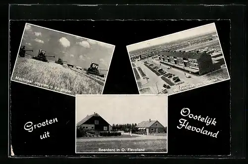 AK Oostelijk Flevoland, Boerderij in O. Flevoland, Winkelstraat van Dronten, Machinaal oogsten in de polder
