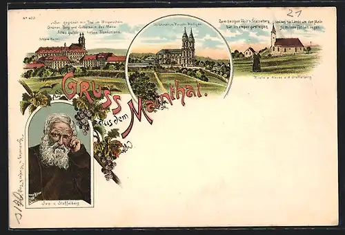 Lithographie Staffelstein, Wahlfahrtskirche Vierzehn Heiligen, Ivo. Staffelberg