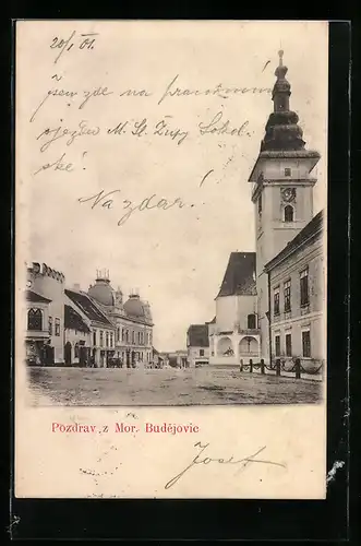 AK Mor. Budejovice, Strassenpartie mit Kirche