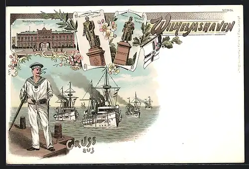 Lithographie Wilhelmshaven, Werfttorgebäude, Prinz Adalbert-Denkmal, Kaiser Wilhelm I.-Denkmal