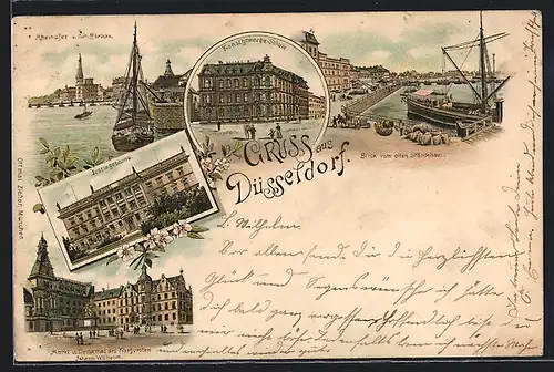 Vorläufer-Lithographie Düsseldorf, 1895, Justizgebäude, Kunstgewerbe-Schule, Rheinufer und Schiffbrücke