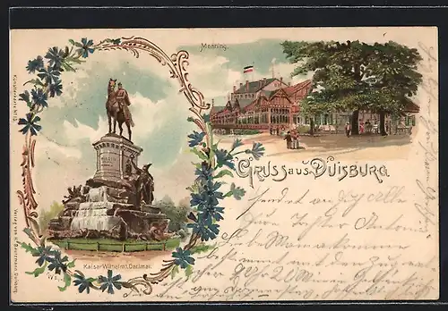 Lithographie Duisburg, Gasthaus Monning & Kaiser Wilhelm I. Denkmal