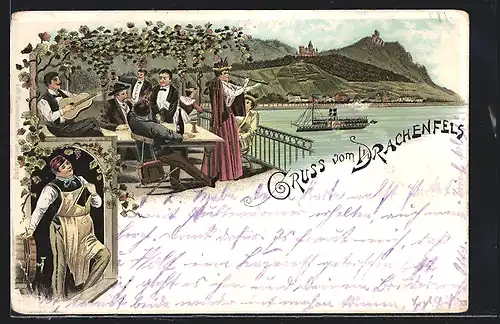 Lithographie Drachenfels, Winzer am Fass stehend, Gesamtansicht mit trinkender Gesellschaft auf einer Terrasse