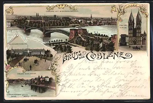 Lithographie Coblenz, Castor-Kirche, Kgl. Schloss, Panorama mit Eisenbahnbrücke