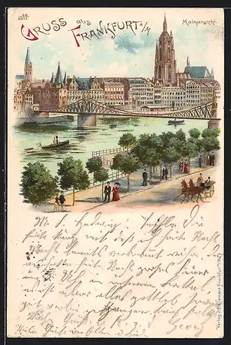 Lithographie Frankfurt a. M., Flusspartie mit Brücke