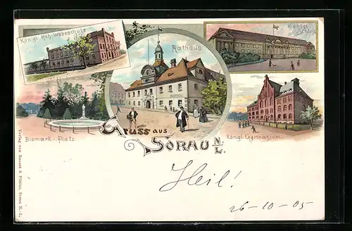 Lithographie Sorau, Kgl. Höh. Webeschule, Rathaus, Königl. Schloss
