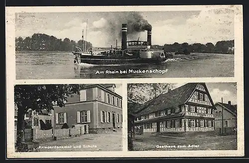 AK Lichtenau, Am Rhein bei Muckenschopf, Kriegerdenkmal und Schule, Gasthaus zum Adler