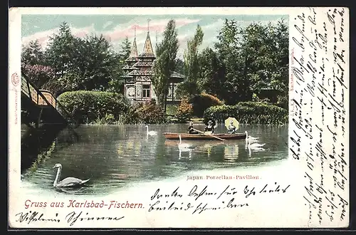 AK Karlsbad-Fischern, Japan. Porzellan-Pavillon der K. K. priv. Porzellanfabrik Karl Knoll und Boot