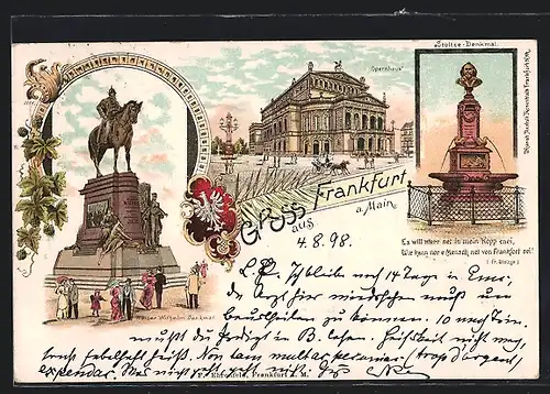 Lithographie Frankfurt, Stoltze-Denkmal, Kaiser Wilhelm-Denkmal, Opernhaus