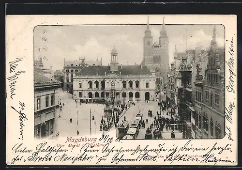 AK Magdeburg, Strassenbahn am Alten Markt mit Rathaus