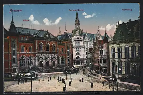 AK Bremen, Marktplatz mit Strassenbahnverkehr und Baumwollbörse