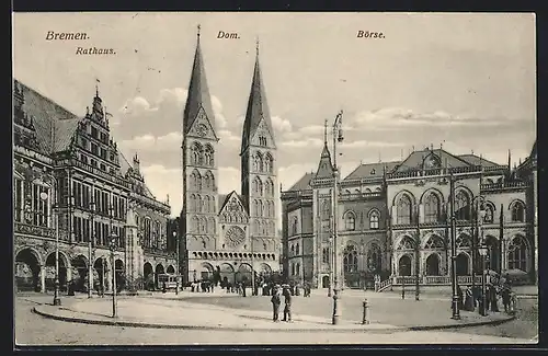 AK Bremen, Marktplatz mit Rathaus, Dom und Börse