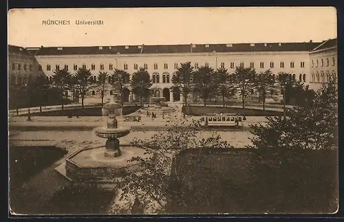 AK München, Brunnen und Strassenbahn an der Universität