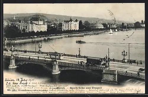 AK Zürich, Strassenbahn auf der Quaibrücke und Utoquai