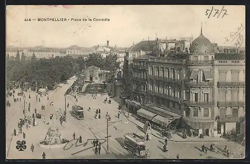 AK Montpellier, Place de la Comedie, Strassenbahn