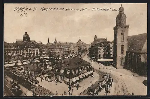 AK Frankfurt a. M., Strassenbahn an der Hauptwache mit Blick auf Zeil und Katharinenkirche