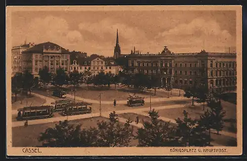 AK Cassel, Königsplatz und Hauptpost, Strassenbahnen