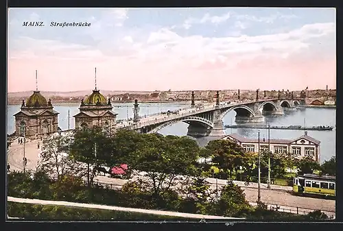 AK Mainz, Strassenbrücke mit Strassenbahn