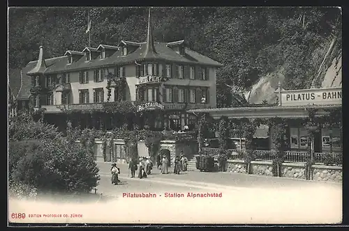 AK Alpnachstad, Bahnhof der Pilatusbahn und Hotel & Pension Pilatus