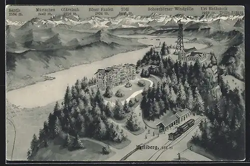 Künstler-AK Hetliberg, Hotel mit Bergbahn, Tödi, Glärnisch und Säntis