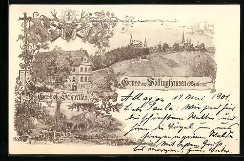 Künstler-AK Völlinghausen / Möhnesee, Gasthof Schnettler, Ortspartie, Reh am Ufer