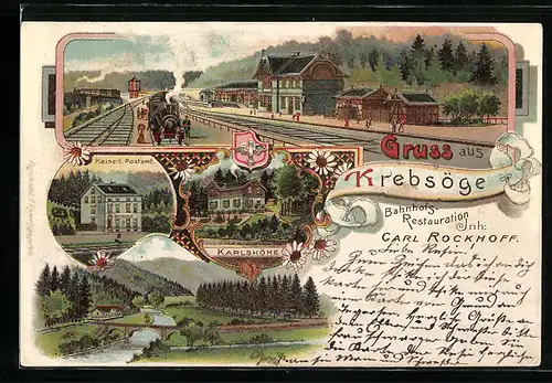 Lithographie Krebsöge, Bahnhof, Restaurant Carl Rockhoff