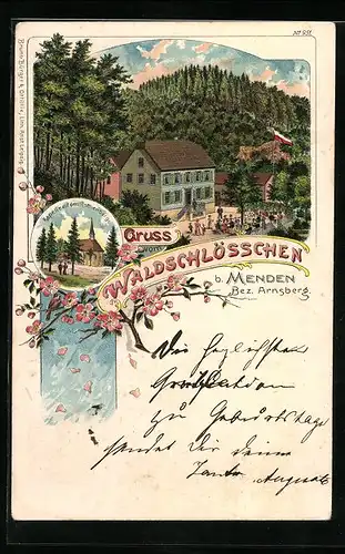 Lithographie Menden / Sauerland, Gasthaus Waldschlösschen, Kapelle auf dem Rothenberg