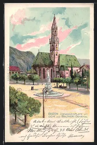 Lithographie Bozen, Johannes-Platz mit Dom und Walther-Denkmal