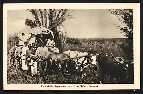 AK Afrikanische Karavane auf der Reise mit Kutsche und Büffeln