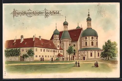 Lithographie Lechfeld, Ansicht vom Franziskanerkloster